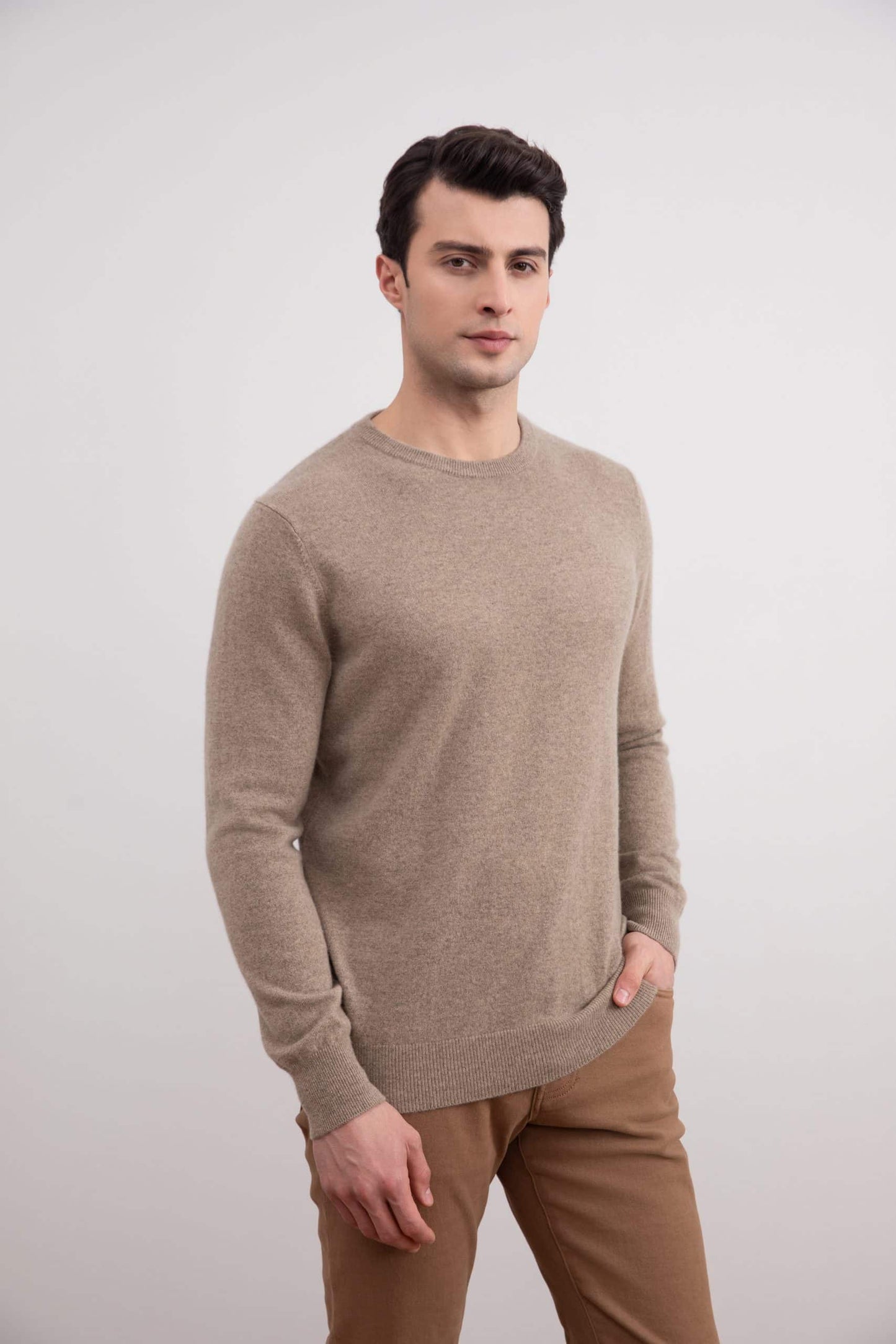Lysegrå melange cashmere med rund hals